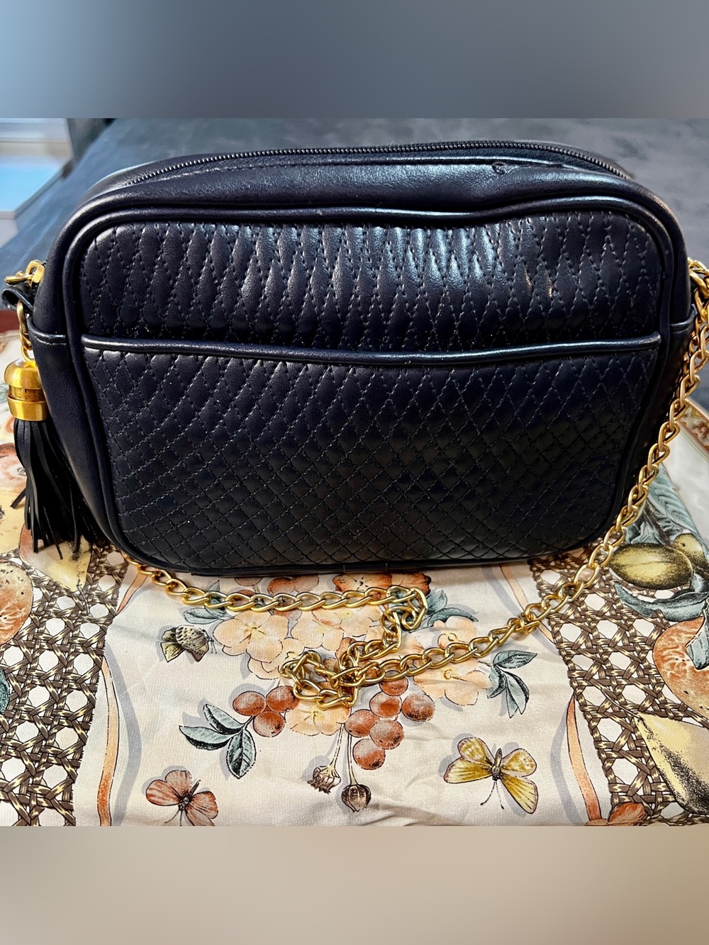 Vtg‎ Navy Blue Quilted Leather Tassel Chain Camera Crossbody Bag